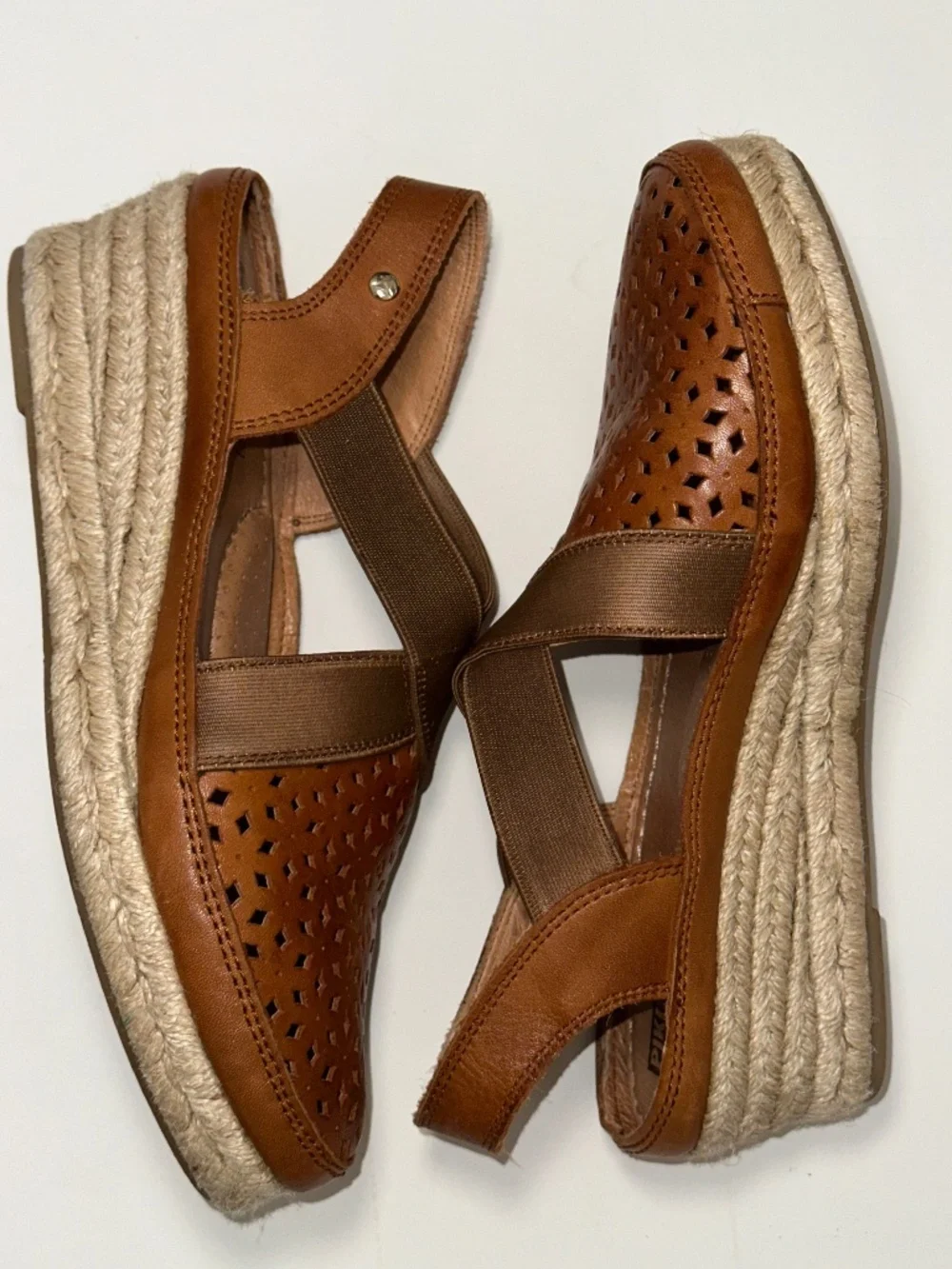 PIKOLINOS Brown Leather Wedge Elastic Espadrille Benidorm size 38 EU 7.5/8 US
